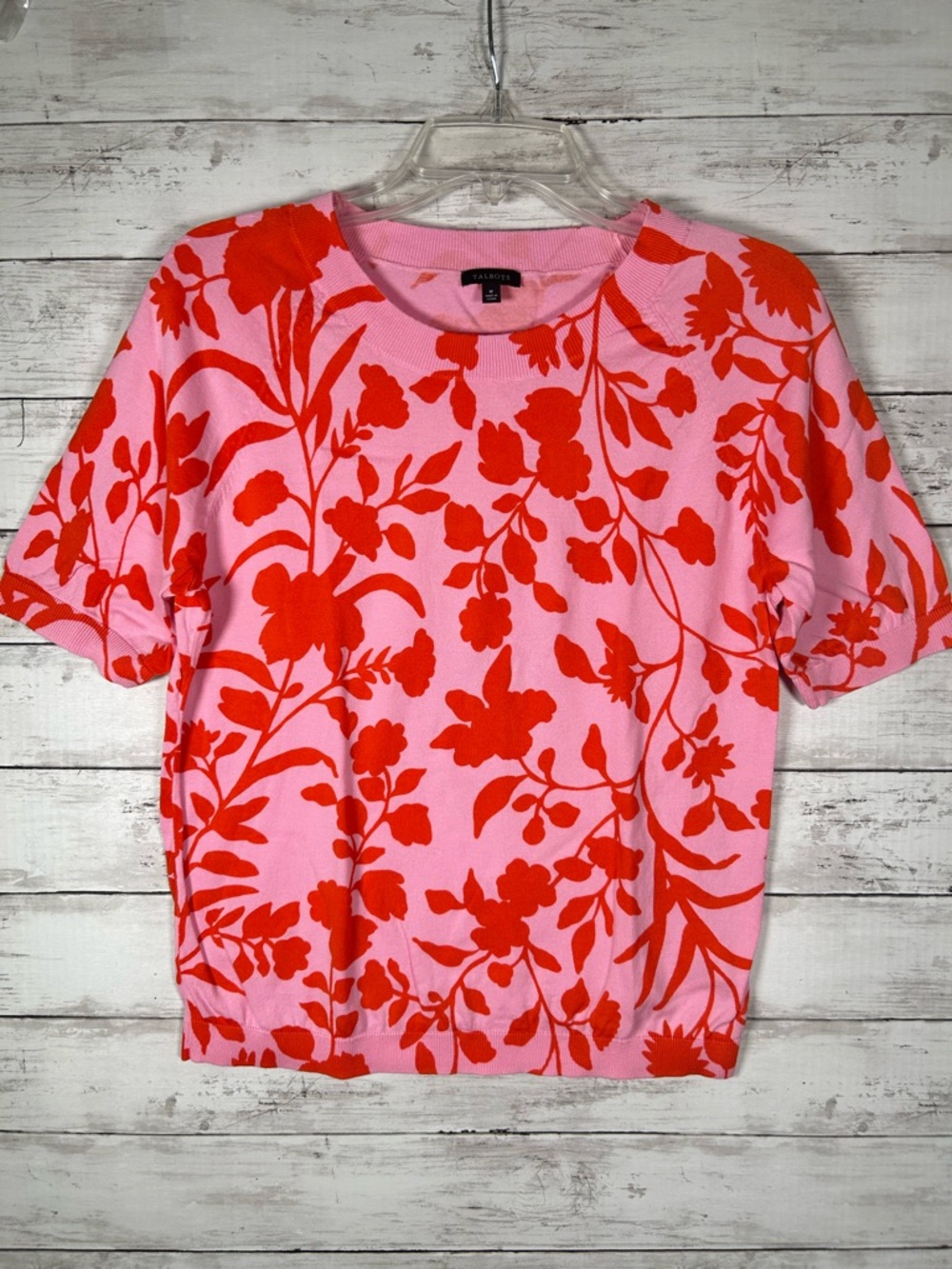 Talbots Pink Red Floral Cotton Rayon Short Sleeve Pullover Sweater Women M